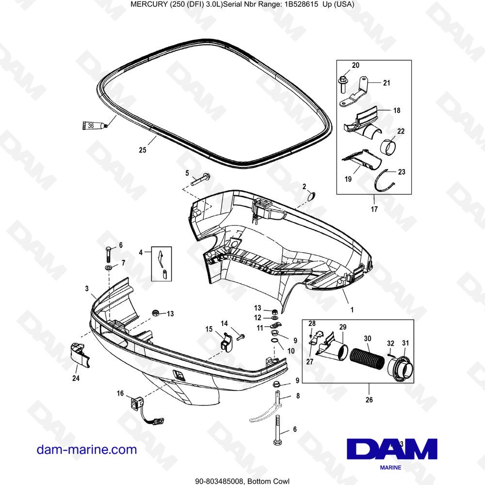 Parts and exploded views for Mercury 250 DFI 3.0L engine